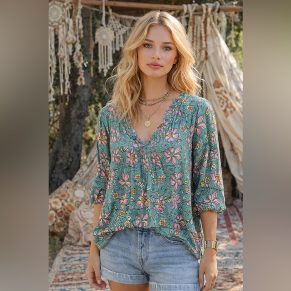 Natural Life Boho Floral Peasant Top Teal Pink Hippie Bohemian Blouse S/M - Picture 8 of 8